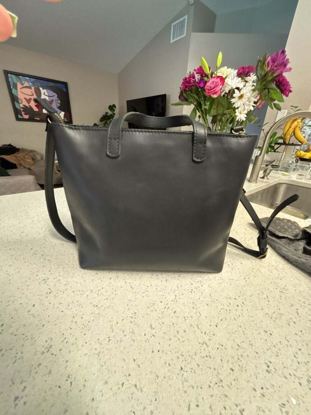 Black Leather Crossbody Tote Bag - Minimalist Everyday Style - Picture 6 of 13